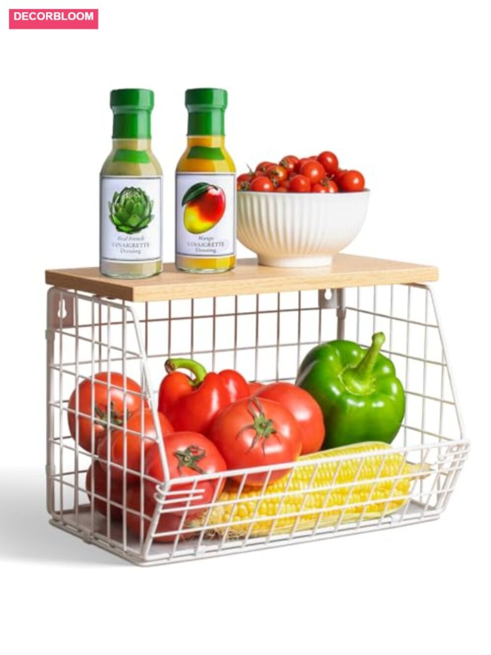 Wire Fruit Basket Stackable Wall Mounted Storage with Wood Lid